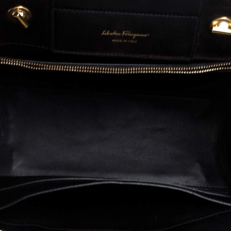 Pre Owned Salvatore Ferragamo Off White Gancini Jacquard Canvas And Studded Black Leather Shoulder Bag