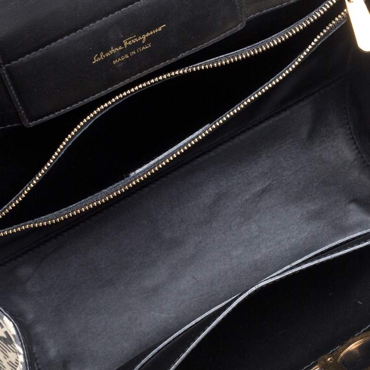 Pre Owned Salvatore Ferragamo Off White Gancini Jacquard Canvas And Studded Black Leather Shoulder Bag