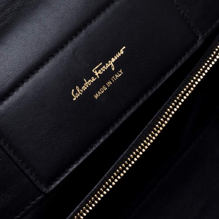 Pre Owned Salvatore Ferragamo Off White Gancini Jacquard Canvas And Studded Black Leather Shoulder Bag