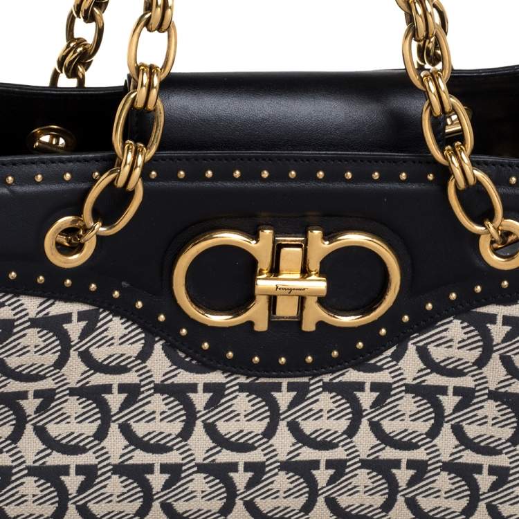 Pre Owned Salvatore Ferragamo Off White Gancini Jacquard Canvas And Studded Black Leather Shoulder Bag