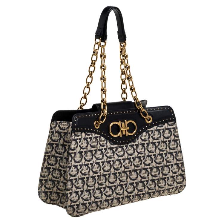 Pre Owned Salvatore Ferragamo Off White Gancini Jacquard Canvas And Studded Black Leather Shoulder Bag