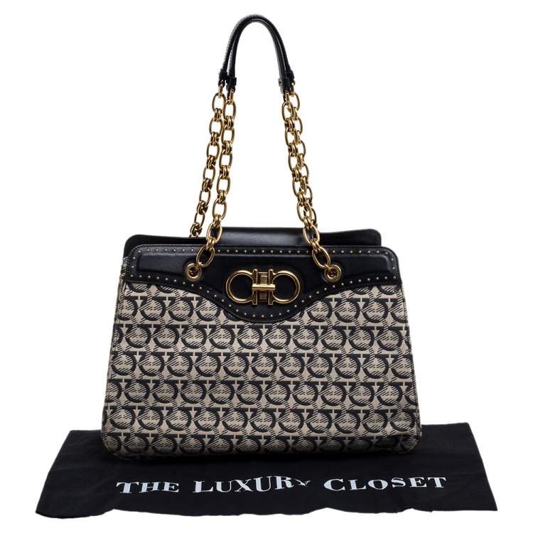Pre Owned Salvatore Ferragamo Off White Gancini Jacquard Canvas And Studded Black Leather Shoulder Bag