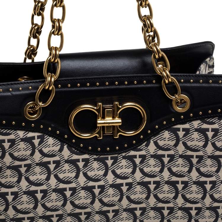 Pre Owned Salvatore Ferragamo Off White Gancini Jacquard Canvas And Studded Black Leather Shoulder Bag