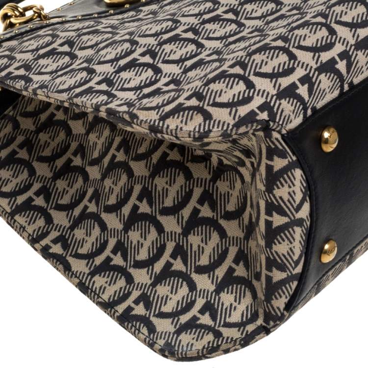 Pre Owned Salvatore Ferragamo Off White Gancini Jacquard Canvas And Studded Black Leather Shoulder Bag