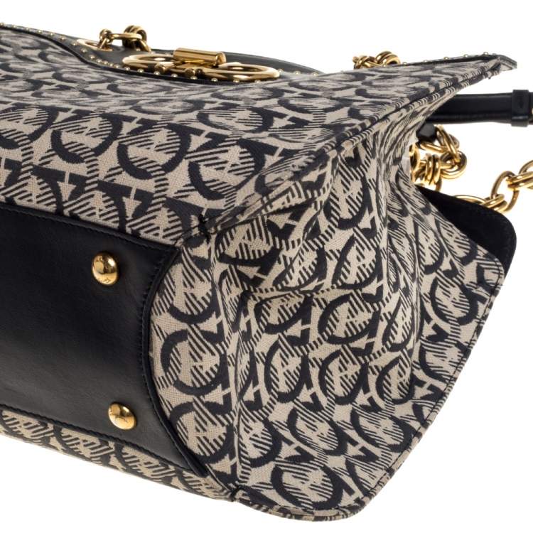 Pre Owned Salvatore Ferragamo Off White Gancini Jacquard Canvas And Studded Black Leather Shoulder Bag