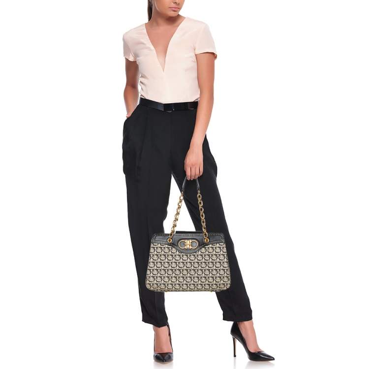 Pre Owned Salvatore Ferragamo Off White Gancini Jacquard Canvas And Studded Black Leather Shoulder Bag