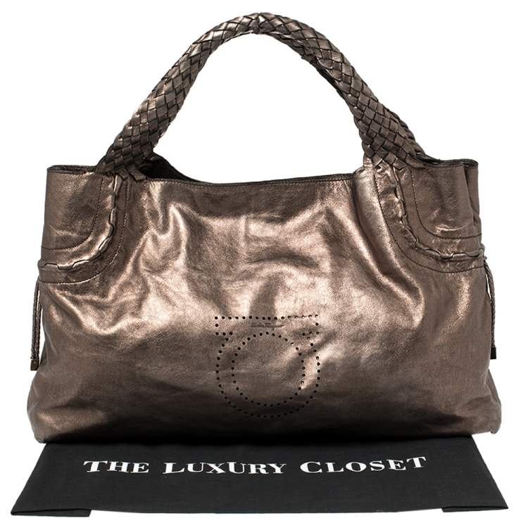 Pre Owned Salvatore Ferragamo Metallic Bronze Leather Perforated Logo Tote