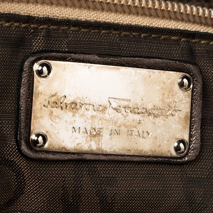 Pre Owned Salvatore Ferragamo Metallic Bronze Leather Perforated Logo Tote