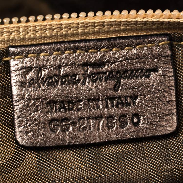 Pre Owned Salvatore Ferragamo Metallic Bronze Leather Perforated Logo Tote