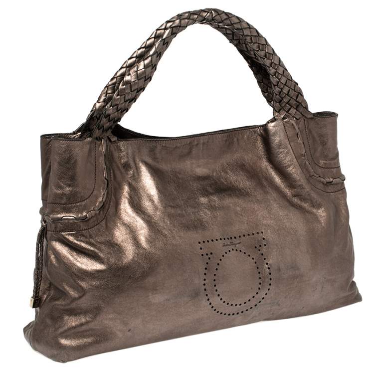 Pre Owned Salvatore Ferragamo Metallic Bronze Leather Perforated Logo Tote
