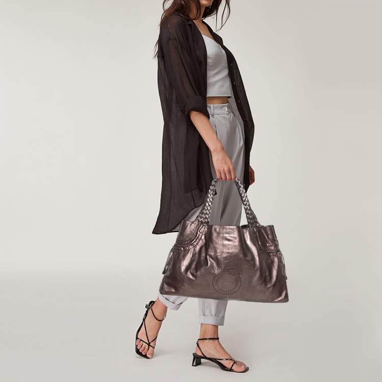 Pre Owned Salvatore Ferragamo Metallic Bronze Leather Perforated Logo Tote