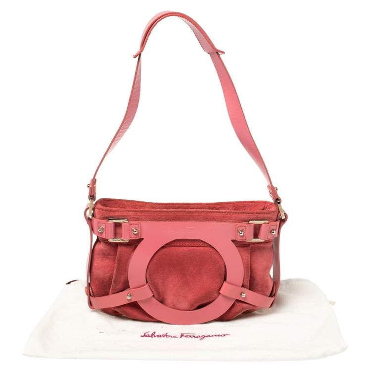 Pre Owned Salvatore Ferragamo Pink Suede And Leather Shoulder Bag