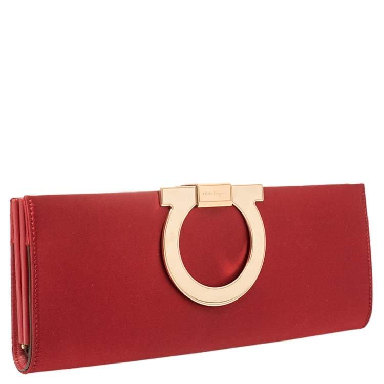 Pre Owned Salvatore Ferragamo Red Leather Gancini Frame Clutch 