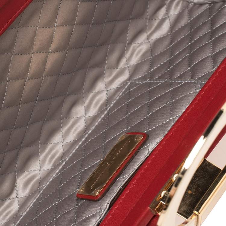 Pre Owned Salvatore Ferragamo Red Leather Gancini Frame Clutch 