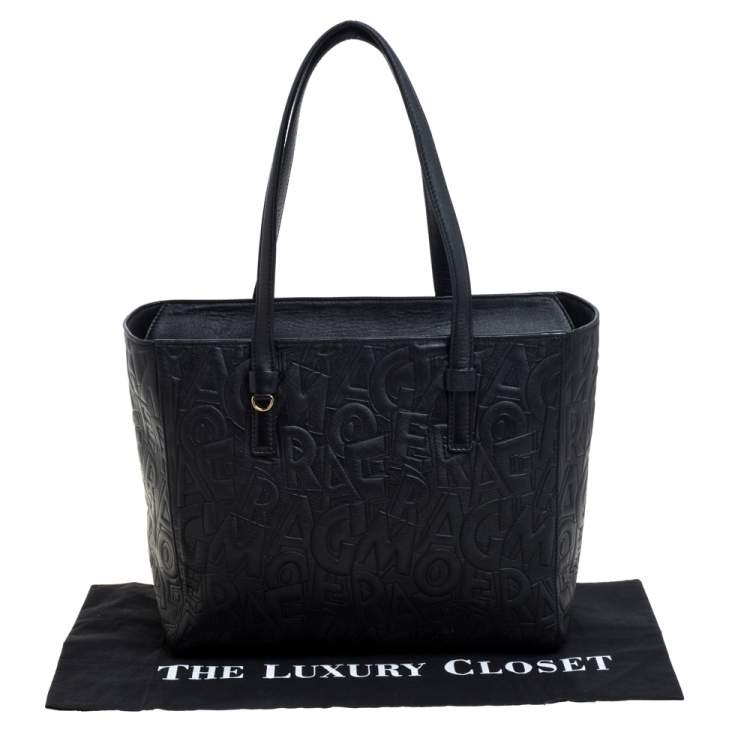 Pre Owned Salvatore Ferragamo Black Embossed Logo Leather Bonnie Shopper Tote