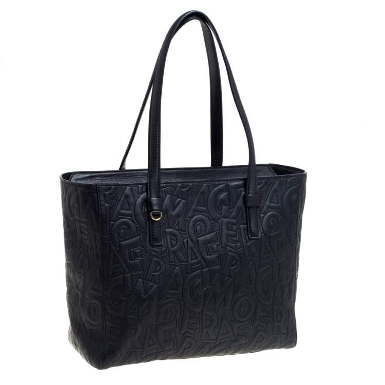 Pre Owned Salvatore Ferragamo Black Embossed Logo Leather Bonnie Shopper Tote