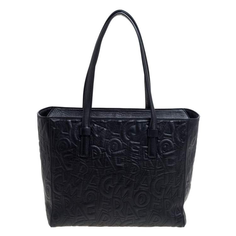 Pre Owned Salvatore Ferragamo Black Embossed Logo Leather Bonnie Shopper Tote