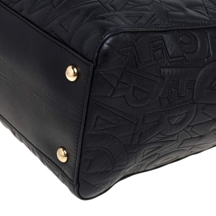 Pre Owned Salvatore Ferragamo Black Embossed Logo Leather Bonnie Shopper Tote