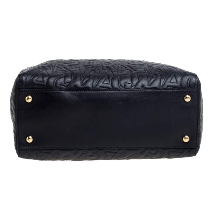 Pre Owned Salvatore Ferragamo Black Embossed Logo Leather Bonnie Shopper Tote