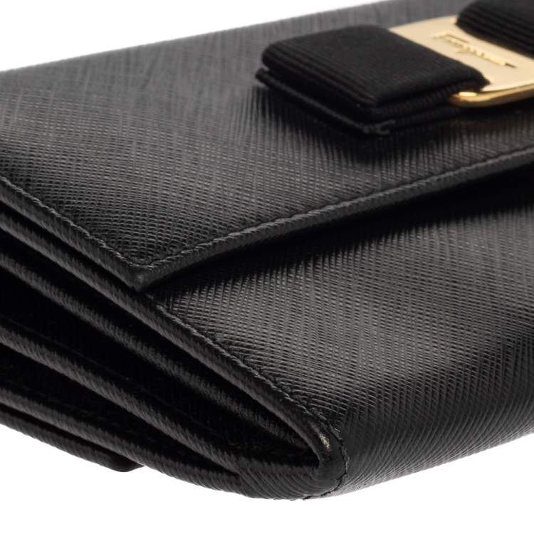 Pre Owned Salvatore Ferragamo Black Leather Vara Bow Double Flap Continental Wallet