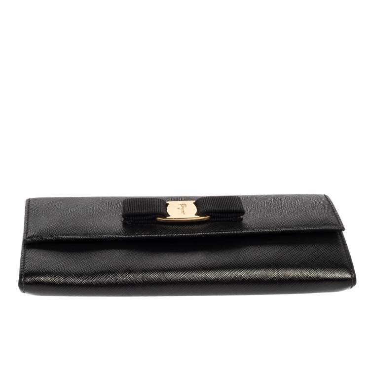 Pre Owned Salvatore Ferragamo Black Leather Vara Bow Double Flap Continental Wallet
