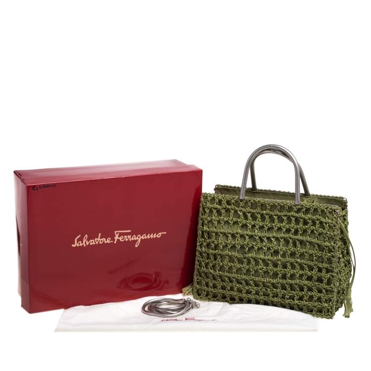 Pre Owned Salvatore Ferragamo Green Woven Leather and Canvas Metal Handle Tote