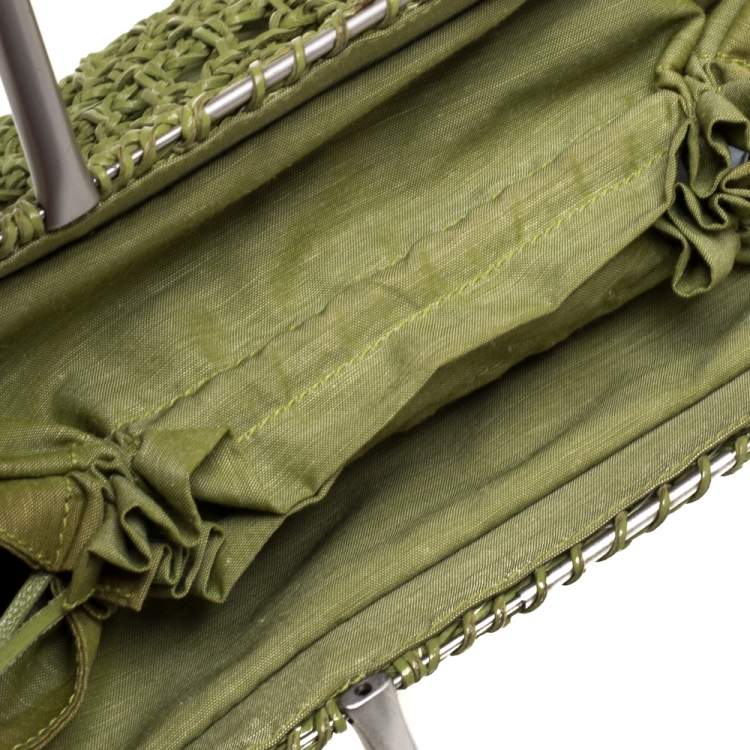 Pre Owned Salvatore Ferragamo Green Woven Leather and Canvas Metal Handle Tote
