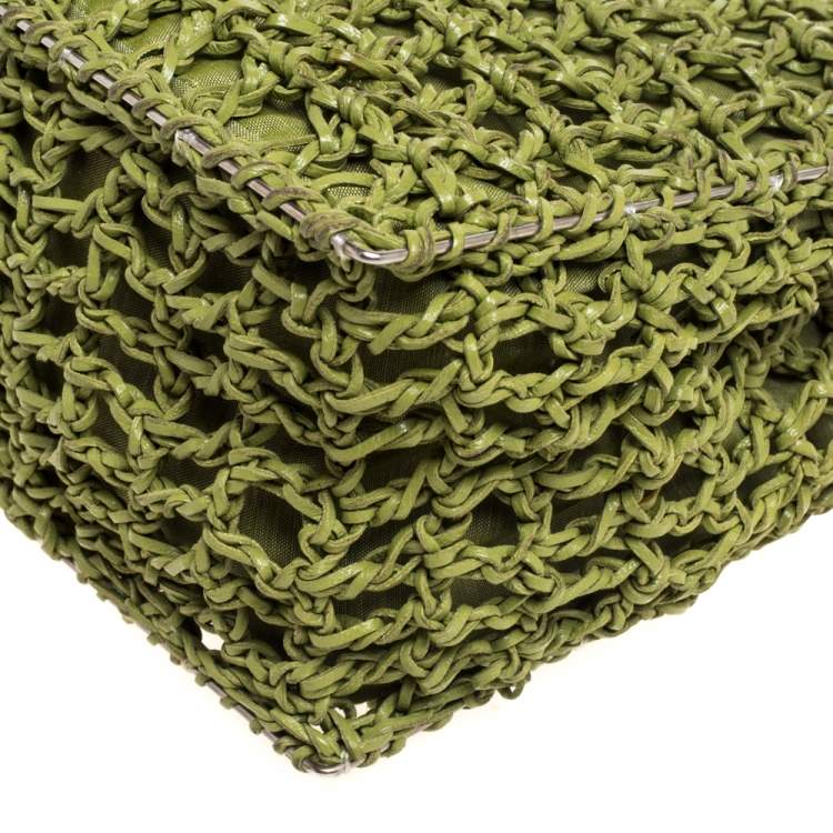 Pre Owned Salvatore Ferragamo Green Woven Leather and Canvas Metal Handle Tote