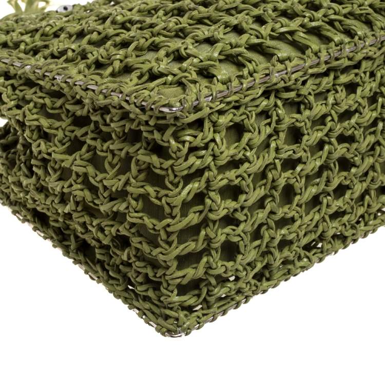 Pre Owned Salvatore Ferragamo Green Woven Leather and Canvas Metal Handle Tote
