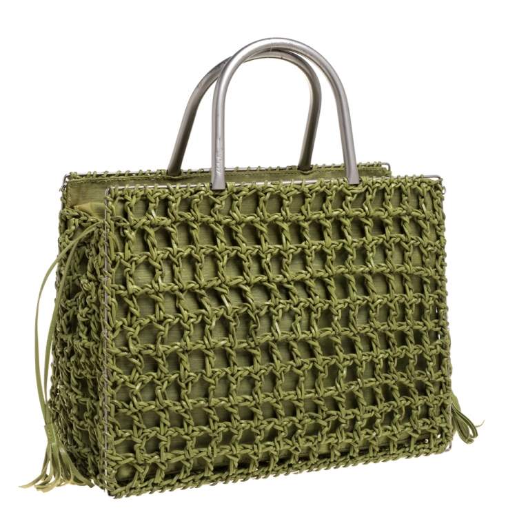 Pre Owned Salvatore Ferragamo Green Woven Leather and Canvas Metal Handle Tote