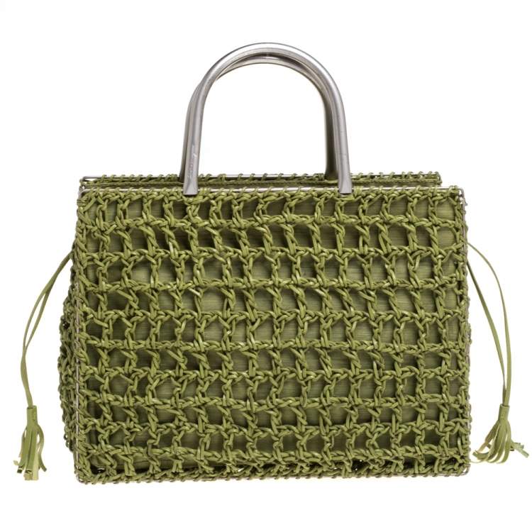 Pre Owned Salvatore Ferragamo Green Woven Leather and Canvas Metal Handle Tote