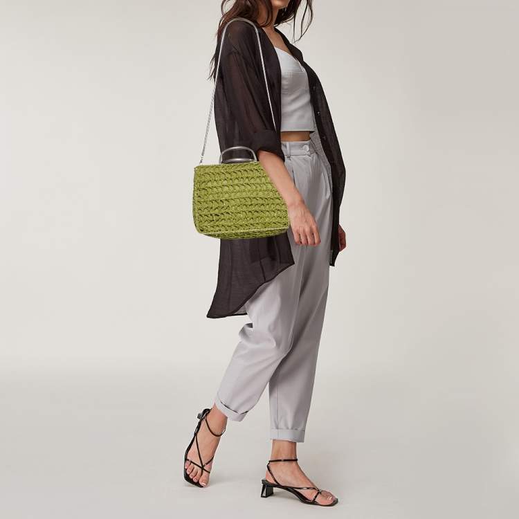 Pre Owned Salvatore Ferragamo Green Woven Leather and Canvas Metal Handle Tote