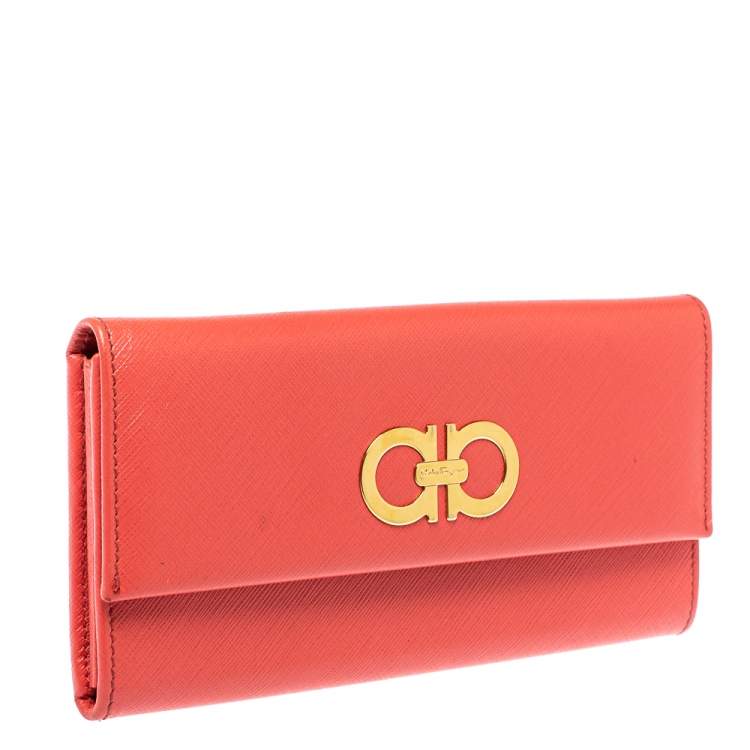 Pre Owned Salvatore Ferragamo Coral Red Leather Gancini Continental Wallet