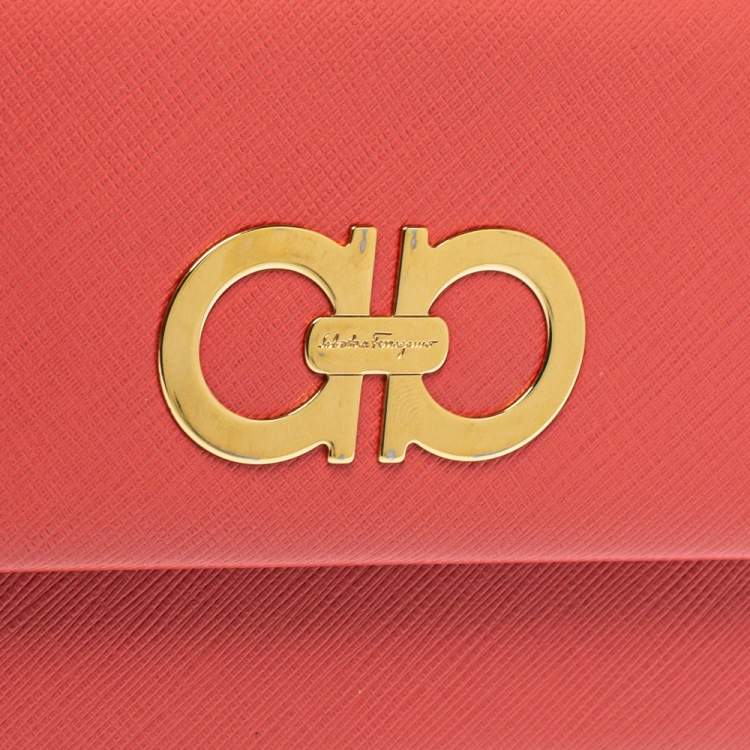 Pre Owned Salvatore Ferragamo Coral Red Leather Gancini Continental Wallet
