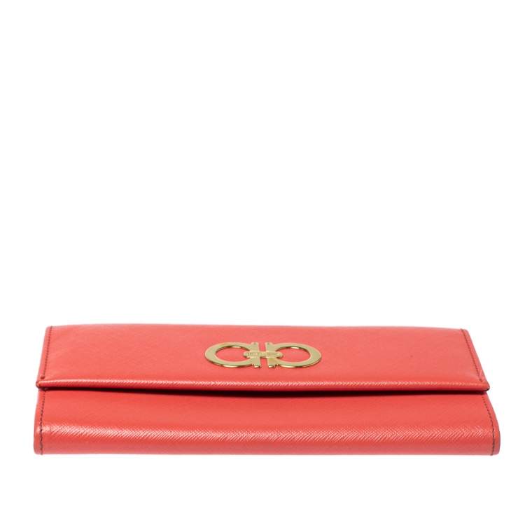 Pre Owned Salvatore Ferragamo Coral Red Leather Gancini Continental Wallet