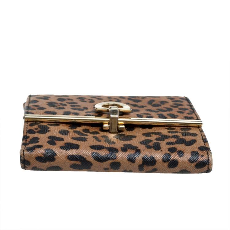 Pre Owned Salvatore Ferragamo Leopard Print Leather Gancio Bit Compact Wallet