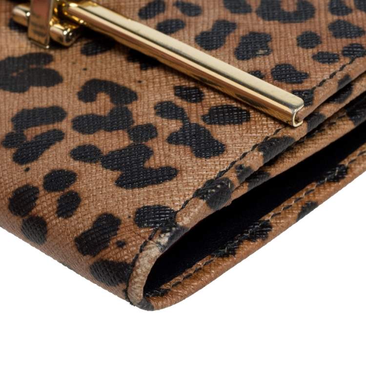 Pre Owned Salvatore Ferragamo Leopard Print Leather Gancio Bit Compact Wallet