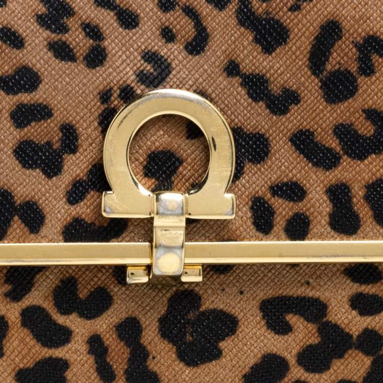 Pre Owned Salvatore Ferragamo Leopard Print Leather Gancio Bit Compact Wallet