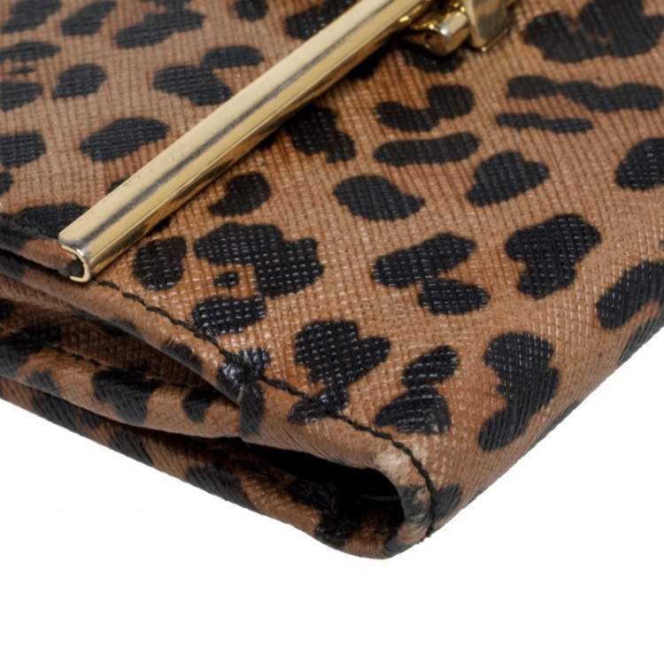 Pre Owned Salvatore Ferragamo Leopard Print Leather Gancio Bit Compact Wallet