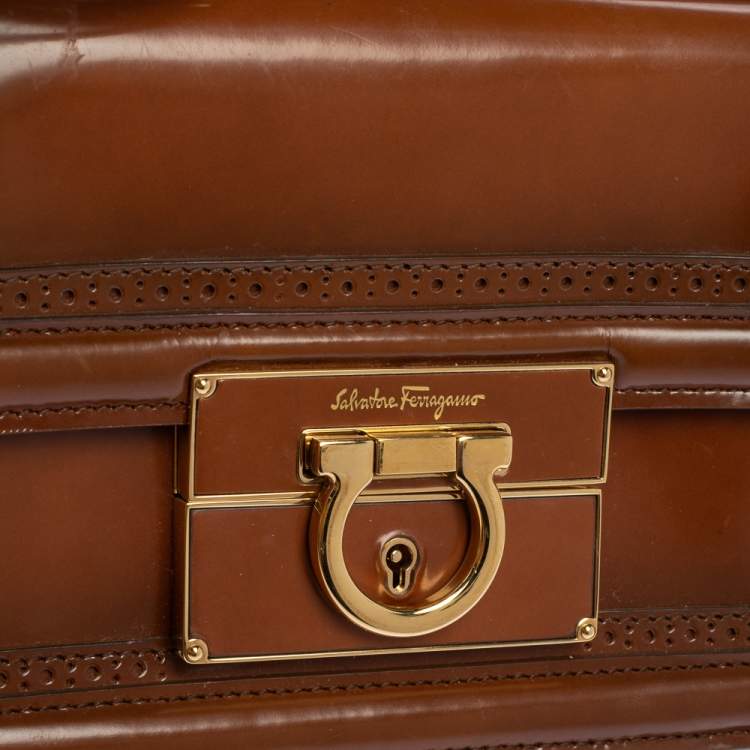 Pre Owned Salvatore Ferragamo Tan Brogue Glossy Leather Aileen Shoulder Bag