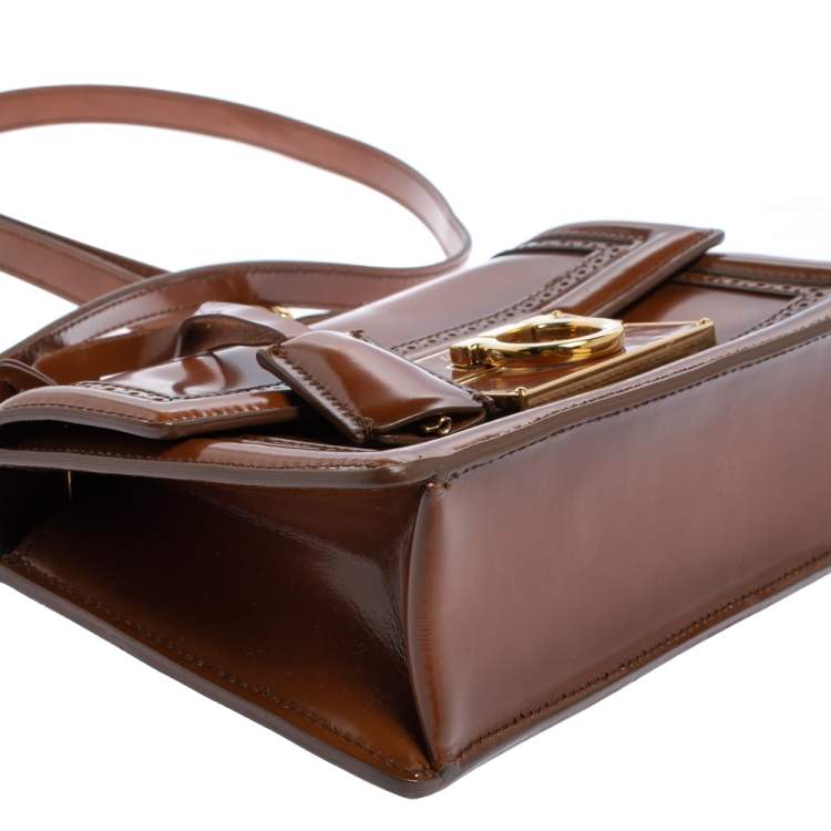 Pre Owned Salvatore Ferragamo Tan Brogue Glossy Leather Aileen Shoulder Bag