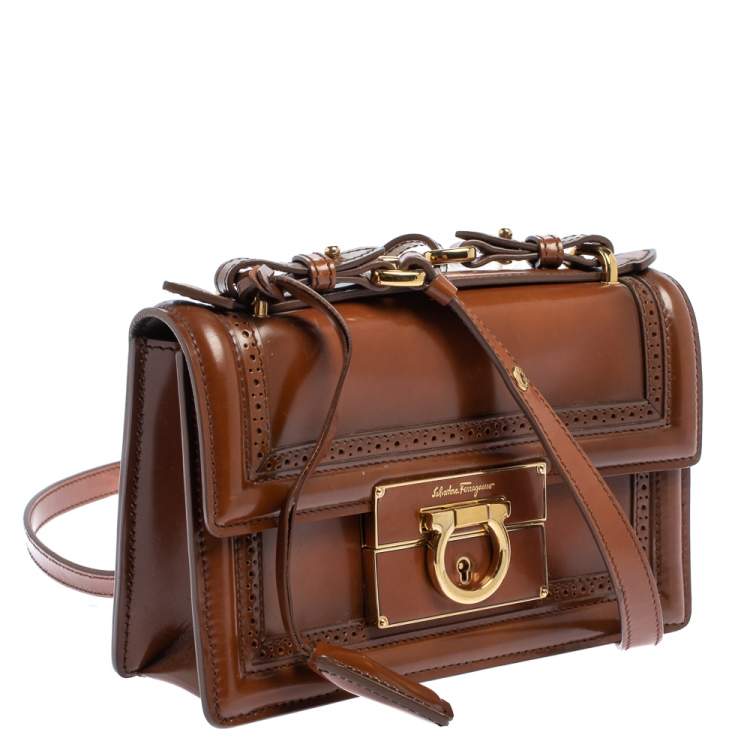 Pre Owned Salvatore Ferragamo Tan Brogue Glossy Leather Aileen Shoulder Bag