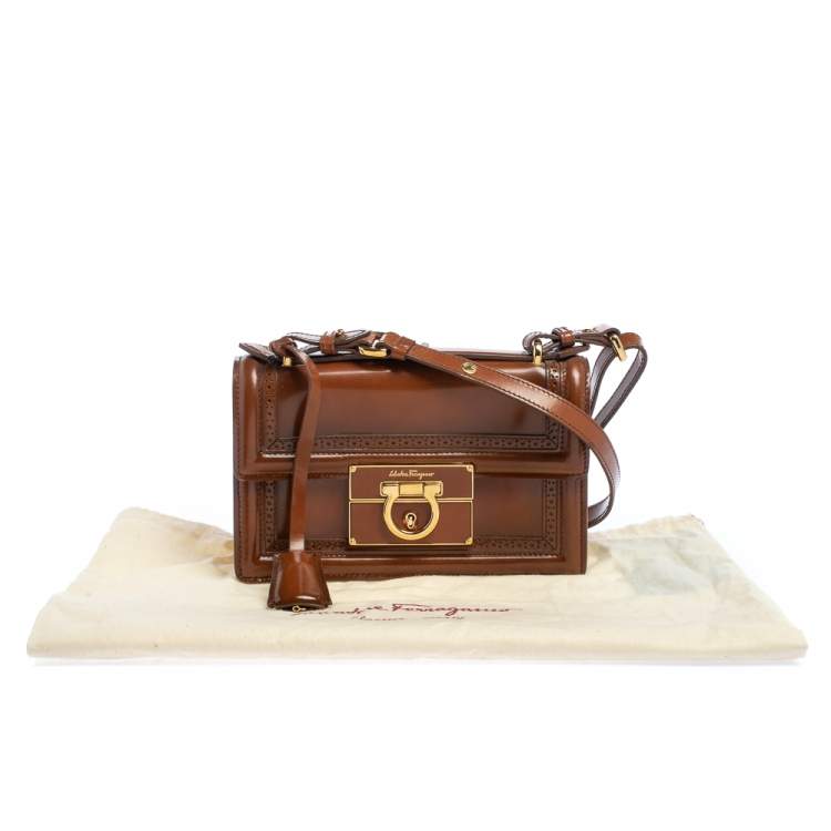 Pre Owned Salvatore Ferragamo Tan Brogue Glossy Leather Aileen Shoulder Bag