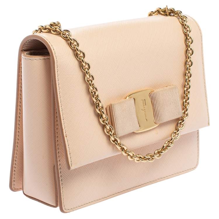 Pre Owned Salvatore Ferragamo Peach Leather Mini Ginny Crossbody Bag