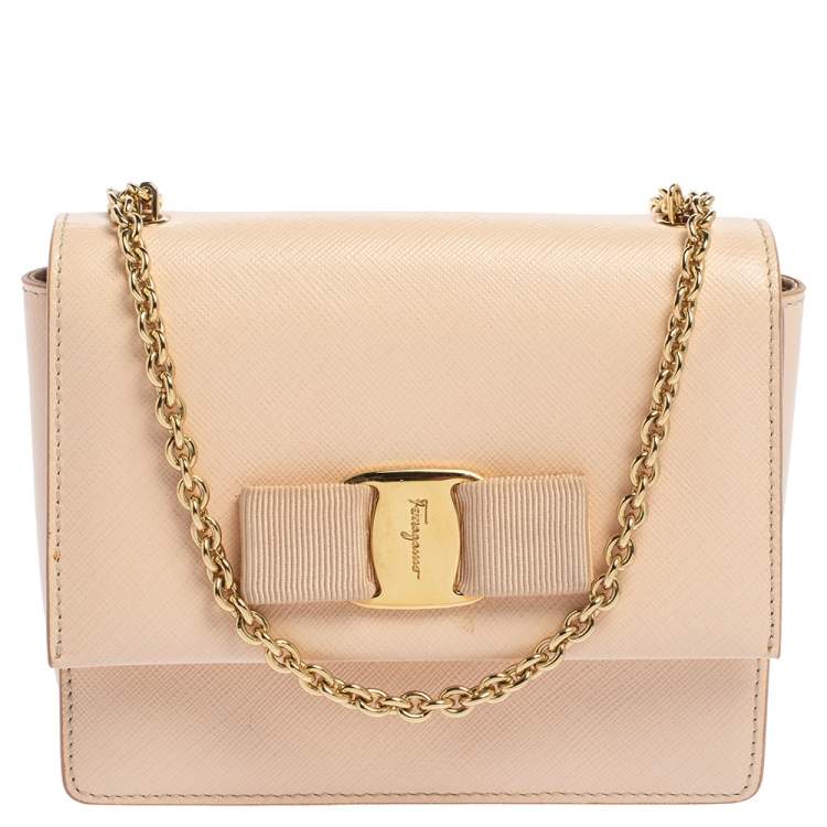 Pre Owned Salvatore Ferragamo Peach Leather Mini Ginny Crossbody Bag
