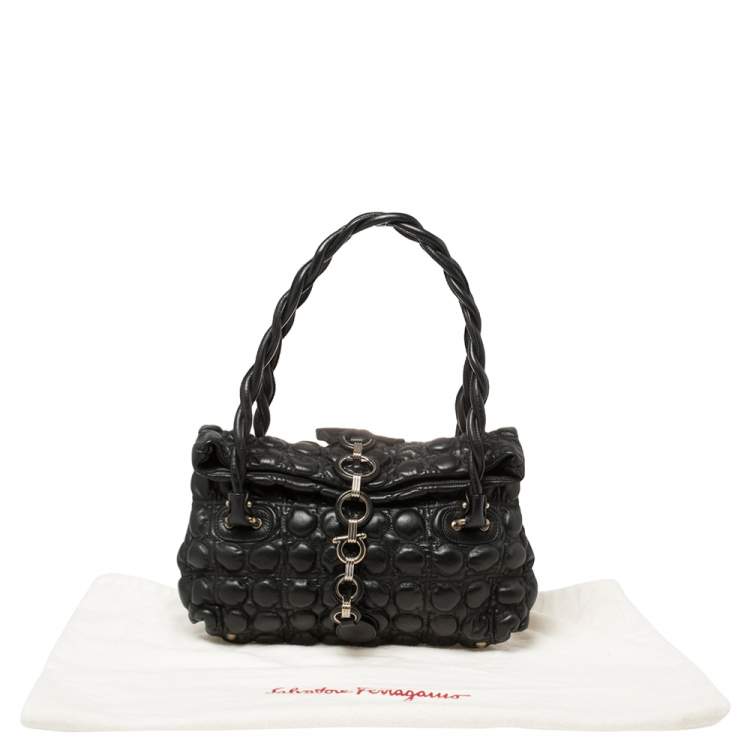 Pre Owned Salvatore Ferragamo Black Embossed Leather Fold Over Shoulder Bag