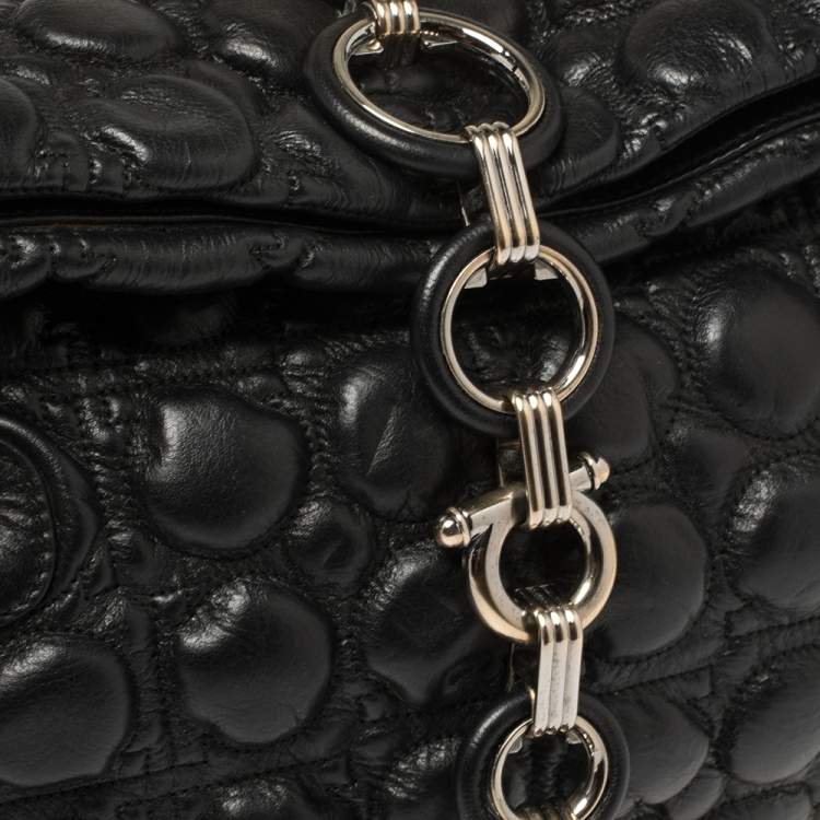 Pre Owned Salvatore Ferragamo Black Embossed Leather Fold Over Shoulder Bag