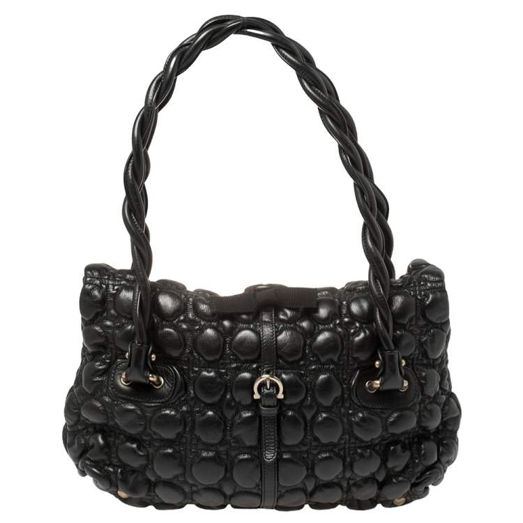 Pre Owned Salvatore Ferragamo Black Embossed Leather Fold Over Shoulder Bag