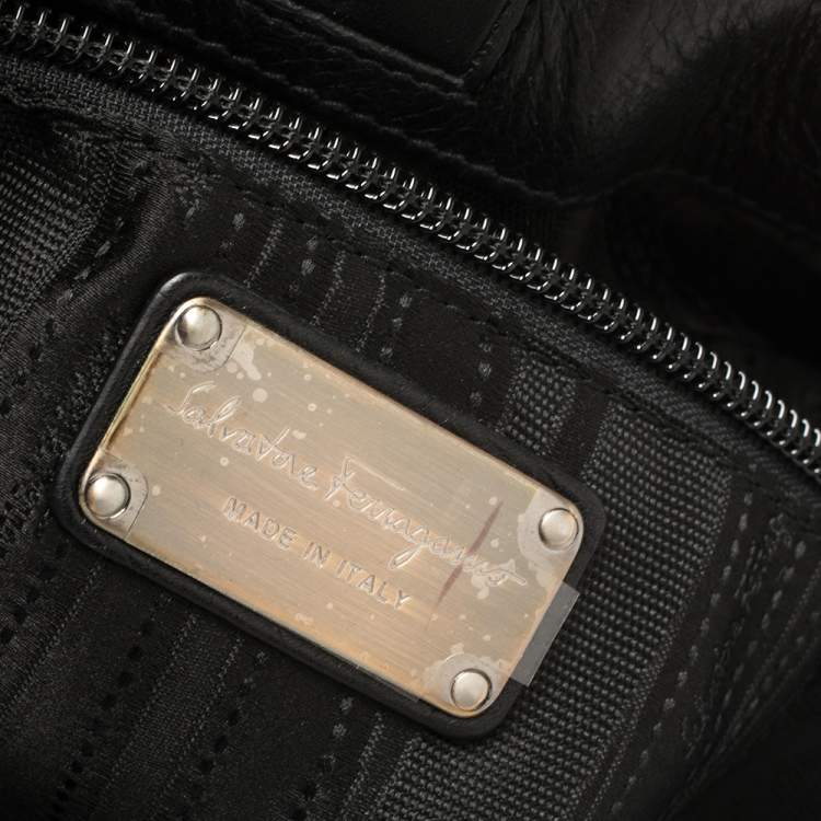 Pre Owned Salvatore Ferragamo Black Embossed Leather Fold Over Shoulder Bag