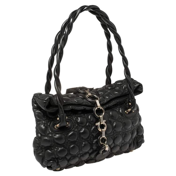 Pre Owned Salvatore Ferragamo Black Embossed Leather Fold Over Shoulder Bag